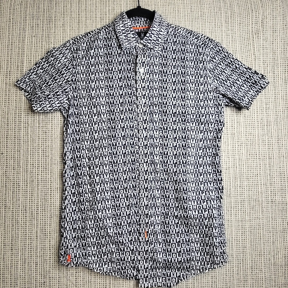 Psycho Bunny Short Sleeve Button Up Shirt Size XXSmall White Black Logo